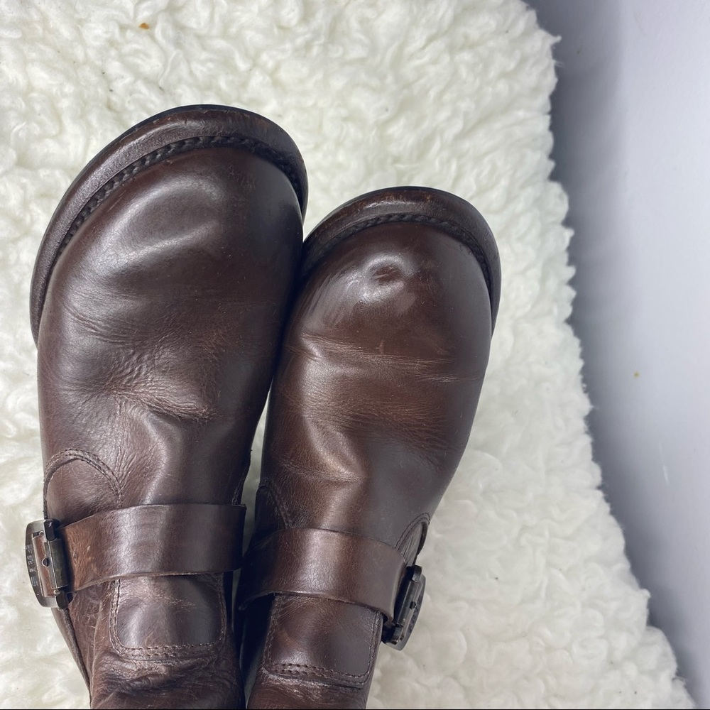 FRYE Vera Short Engineer Motocycle Harness Leather Brown Belted Boots  Size 7B - Picture 4 of 10